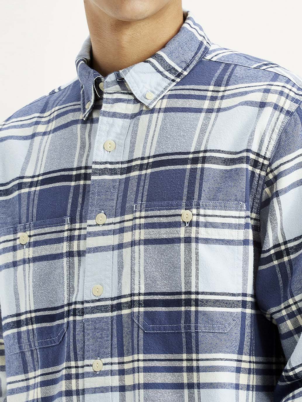 Men's Checkered Blue Flannel Shirt - Detail View