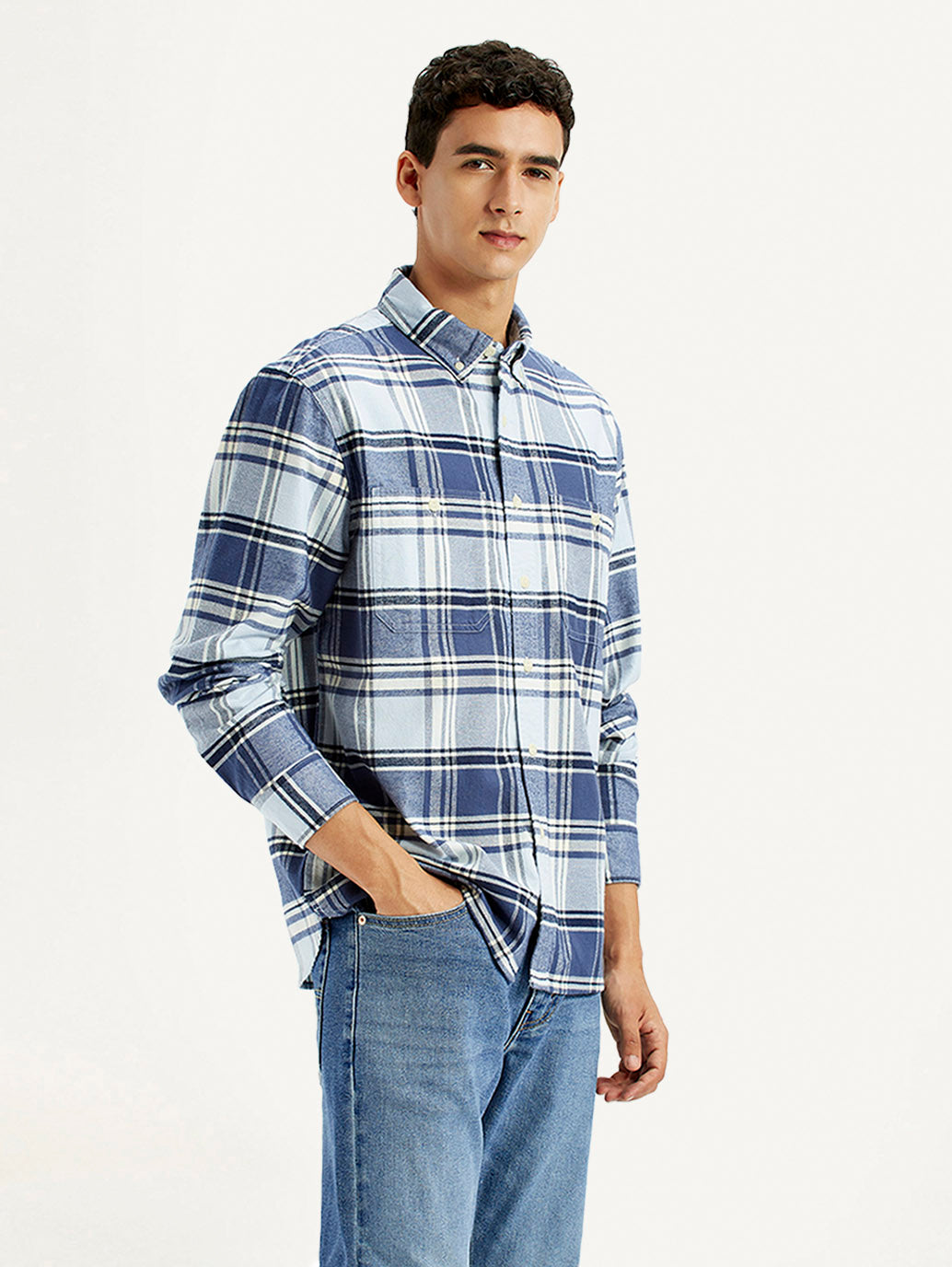 Men's Checkered Blue Flannel Shirt - Side View