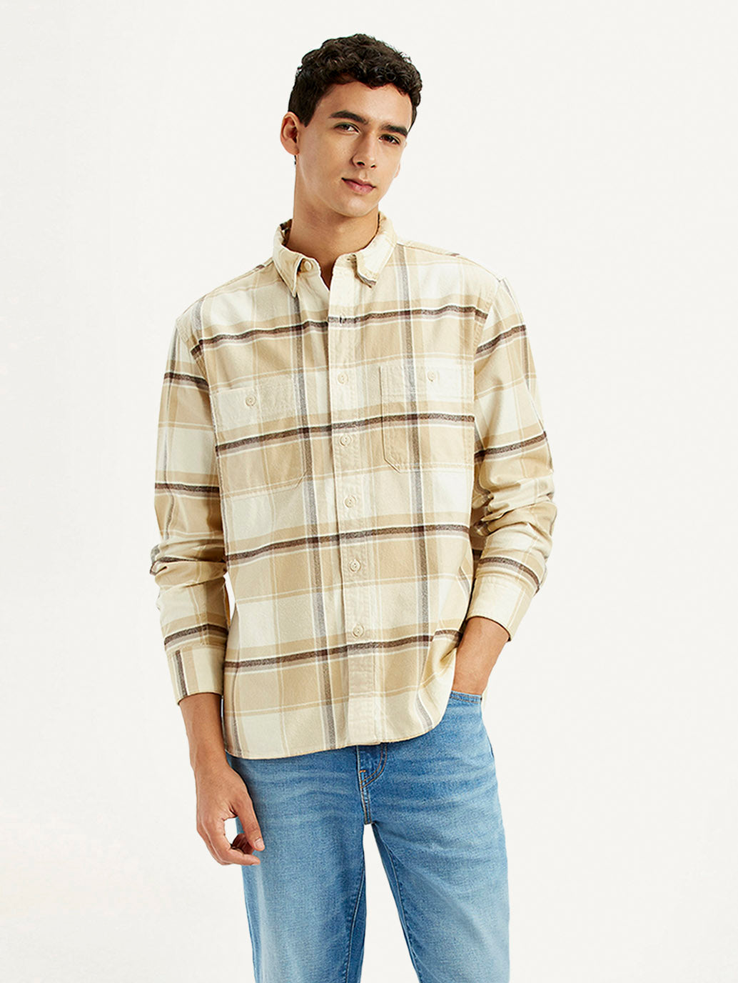 Men's Checkered Beige Flannel Shirt - Styleshot View