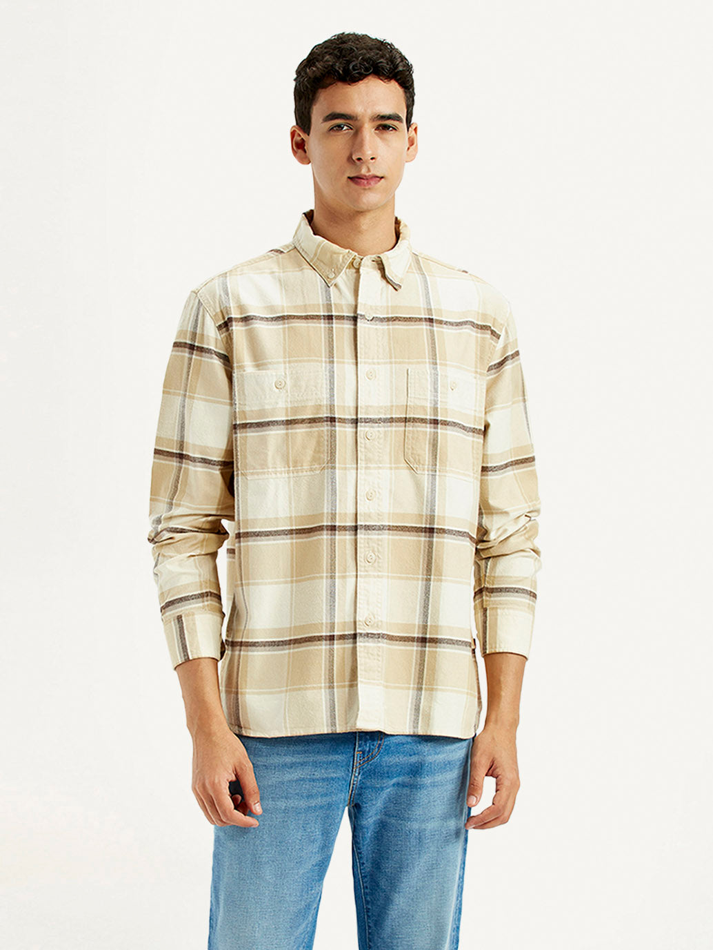 Men's Checkered Beige Flannel Relaxed Fit Shirt - Front View