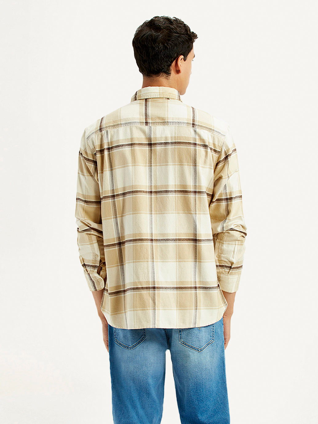 Men's Checkered Beige Flannel Relaxed Fit Shirt - Back View