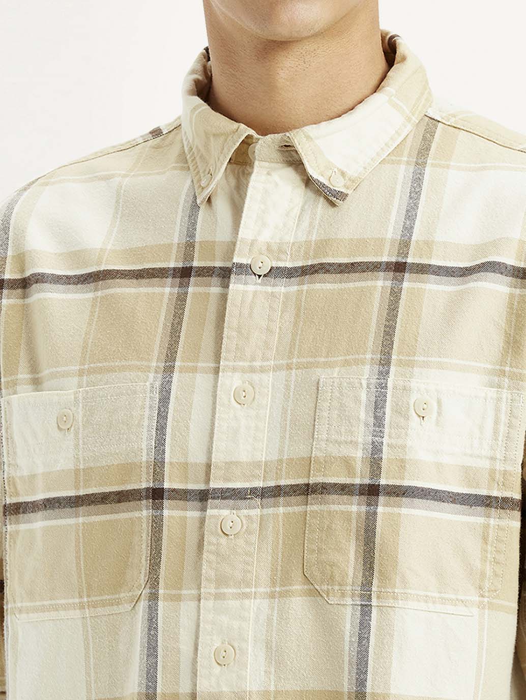 Men's Checkered Beige Flannel Relaxed Fit Shirt - Detail View