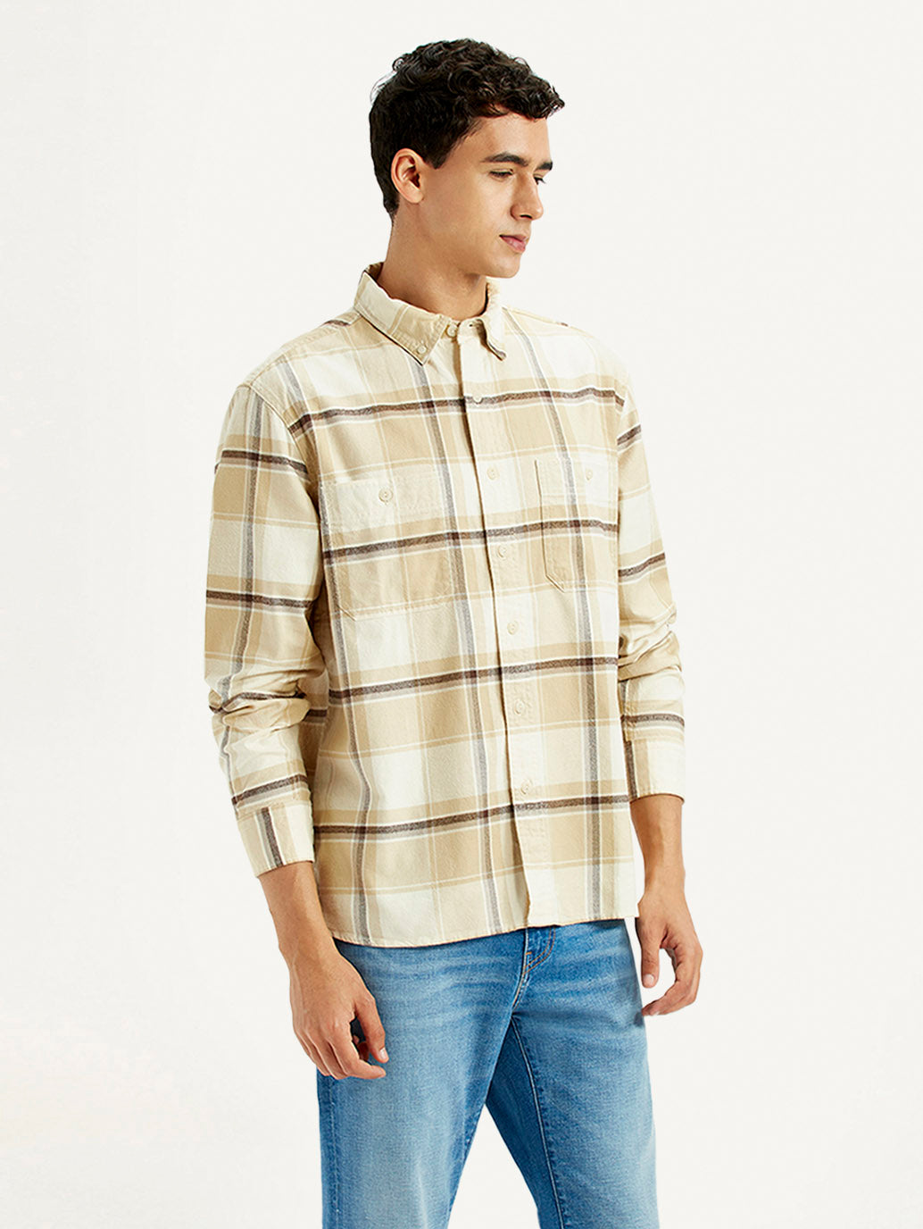 Men's Checkered Beige Flannel Relaxed Fit Shirt - Side View