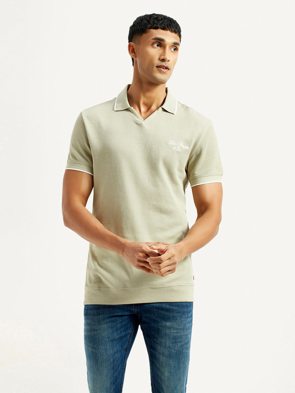 Men's Solid Beige Slim Fit Polo T-Shirt - Front View