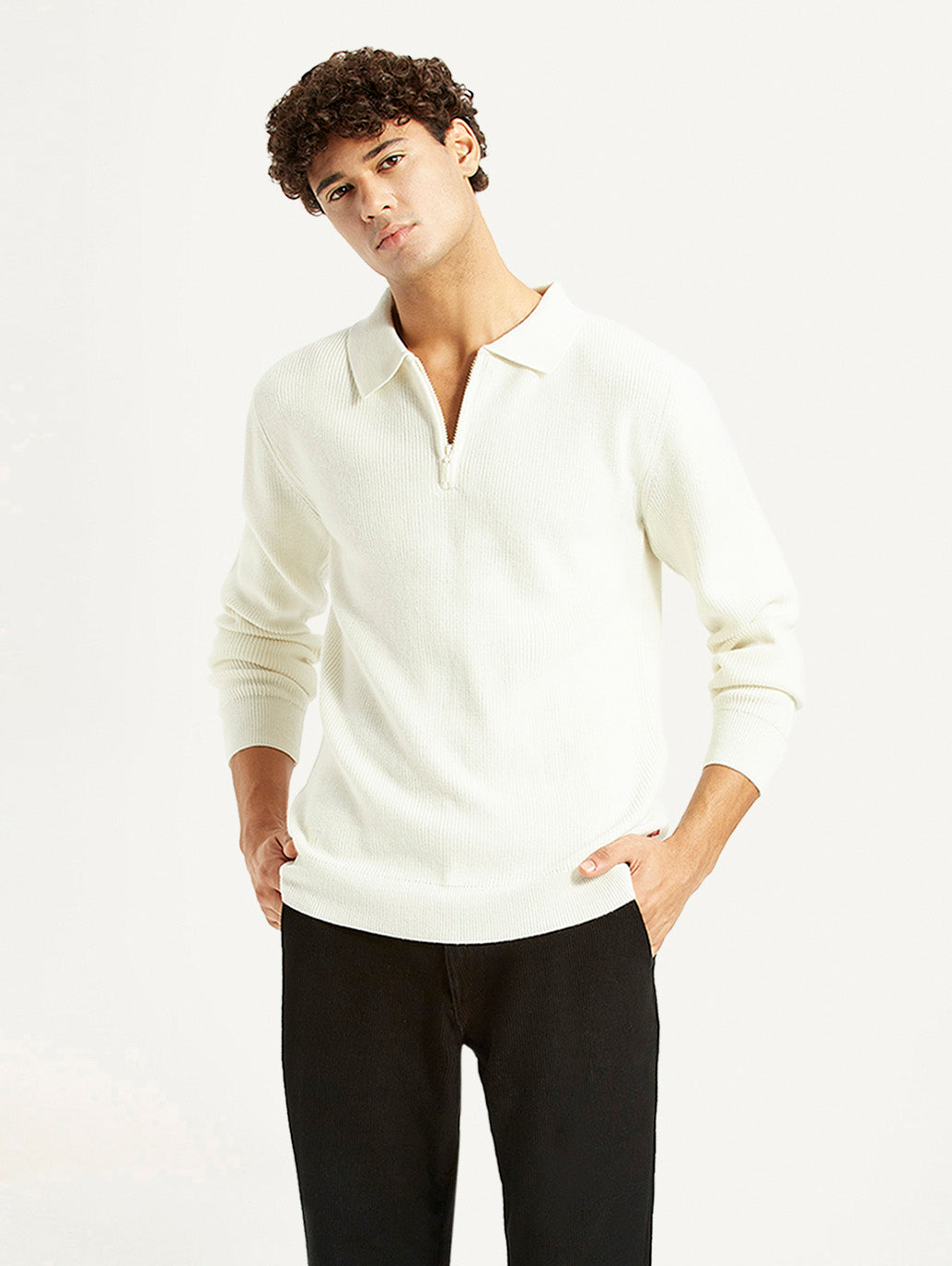 Men's Self Design Off White Polo Neck Sweater