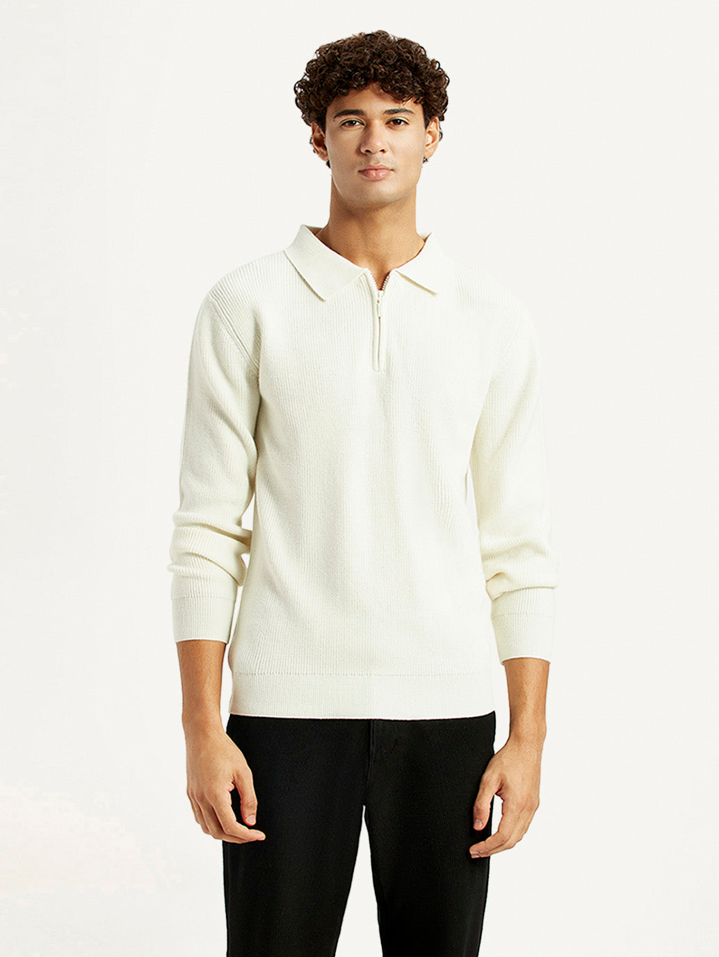 Men's Self Design Off White Polo Neck Sweater - Front View