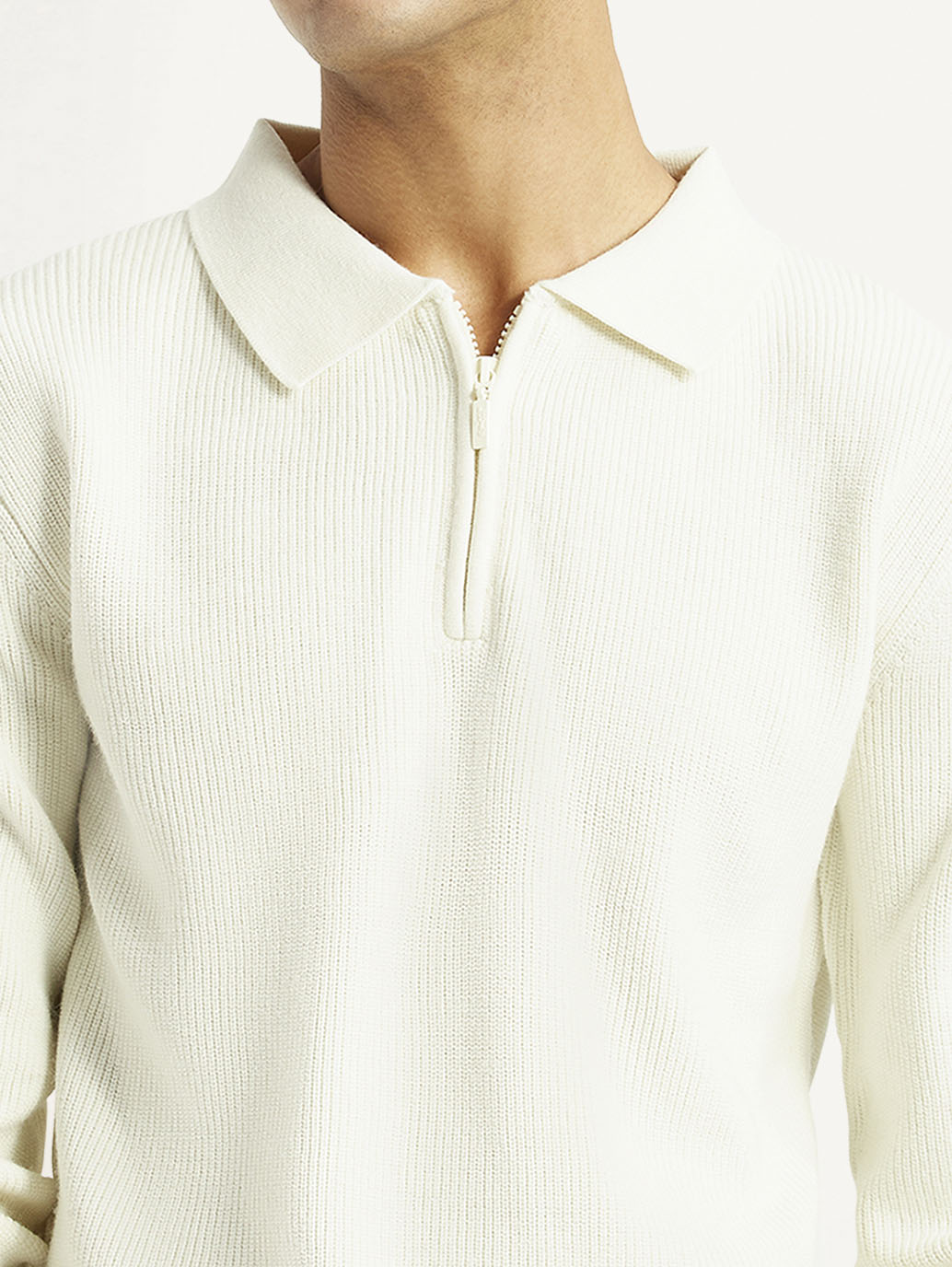 Men's Self Design Off White Polo Neck Sweater - Detail View