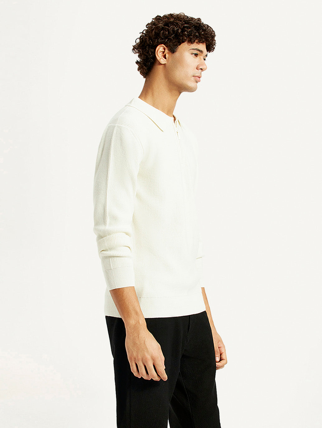 Men's Self Design Off White Polo Neck Sweater - Side View