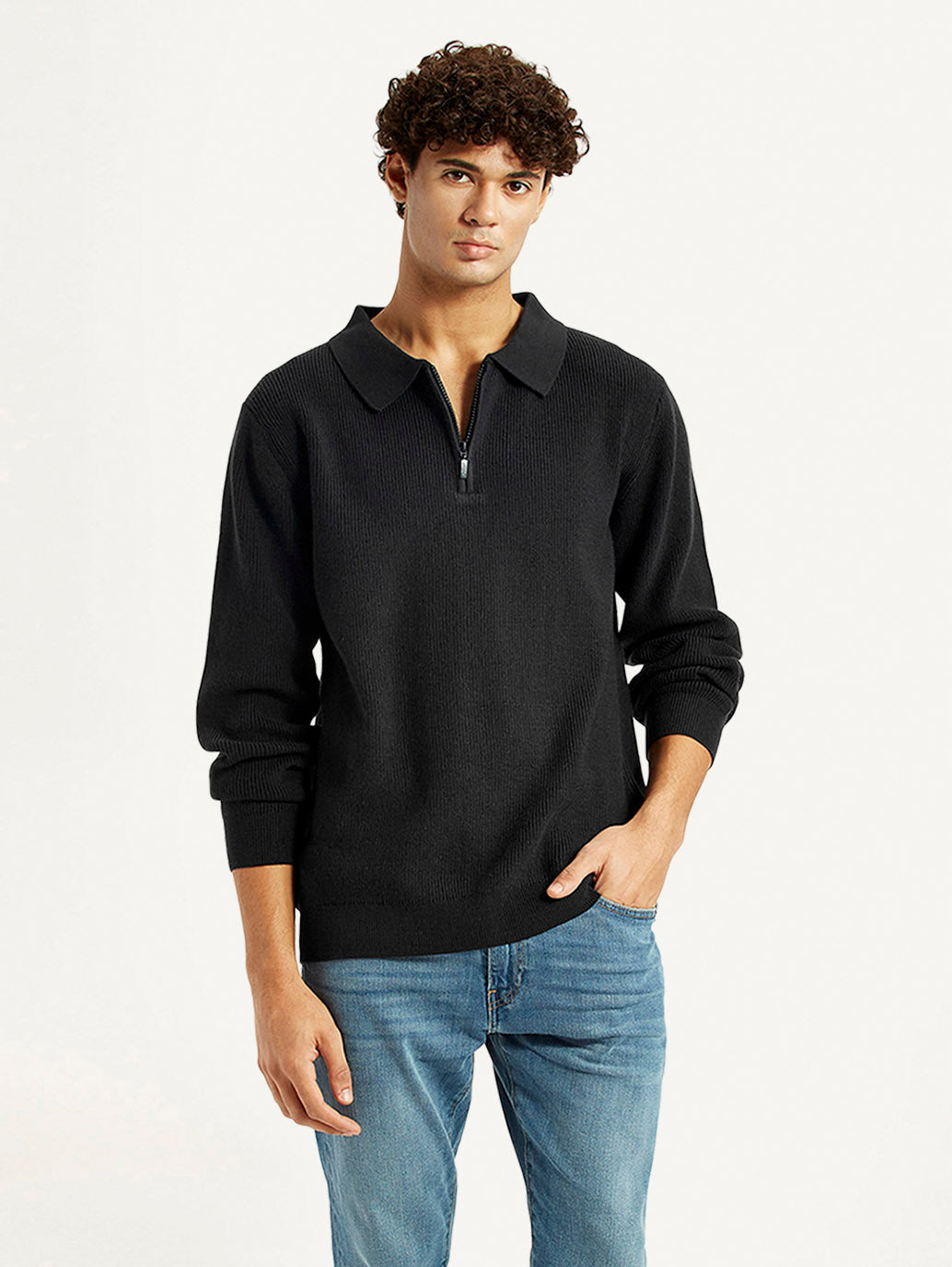 Men's Self Design Black Polo Neck Sweater