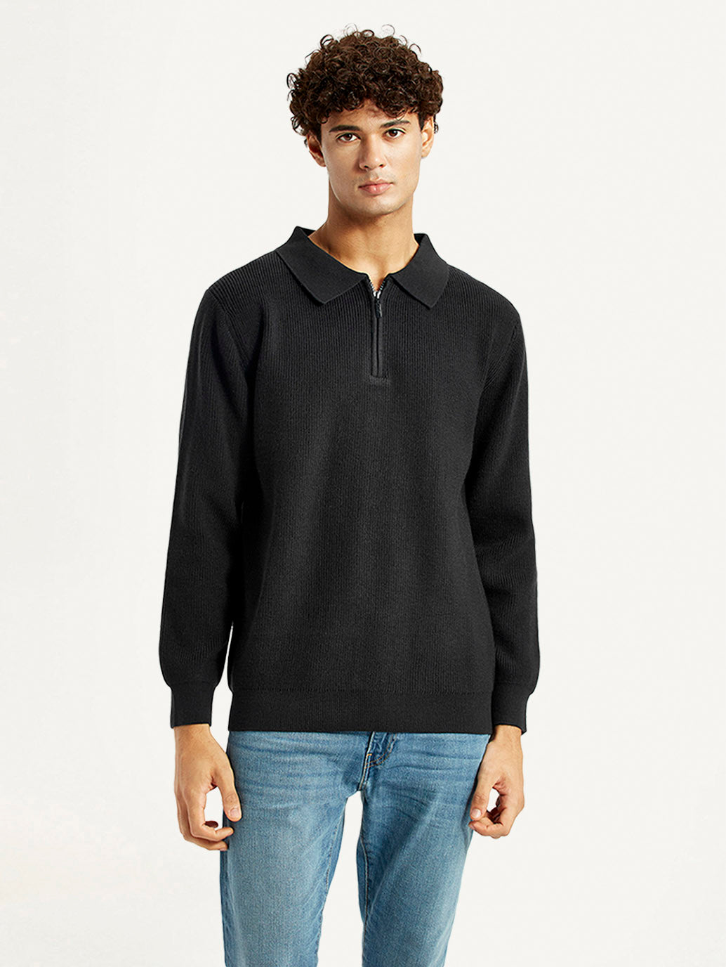 Men's Self Design Black Polo Neck Sweater - Front View
