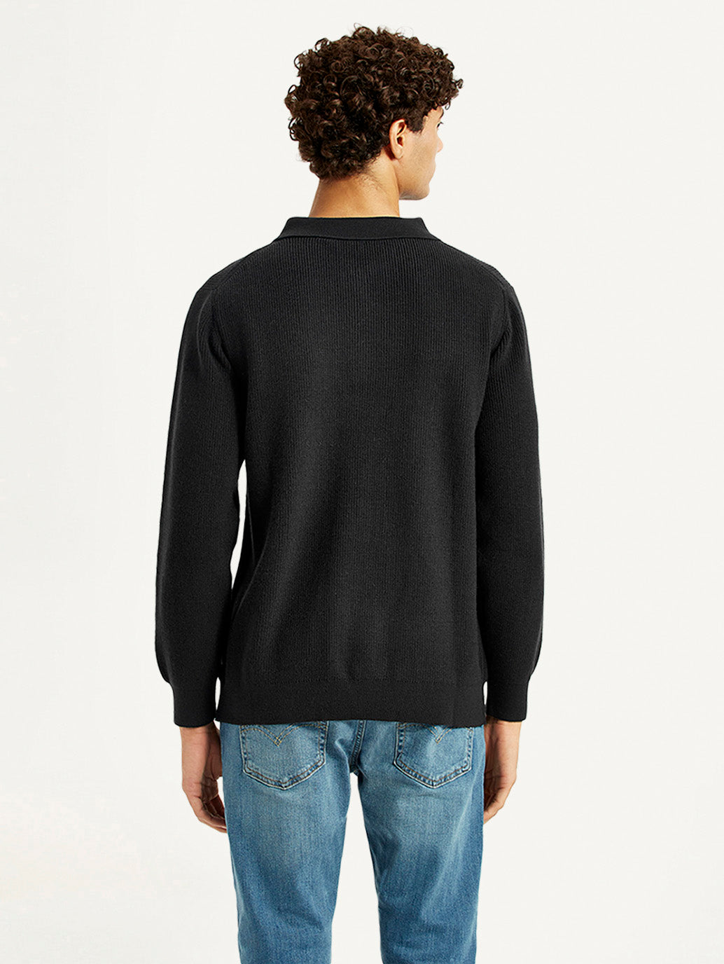 Men's Self Design Black Polo Neck Sweater - Back View
