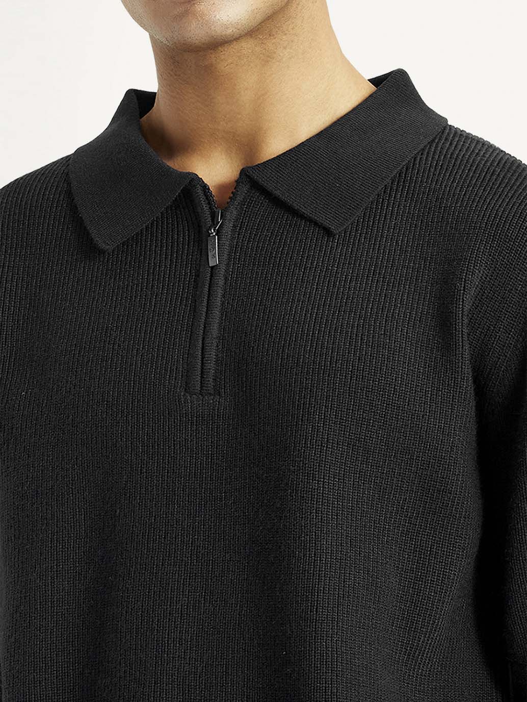 Men's Self Design Black Polo Neck Sweater - Detail View