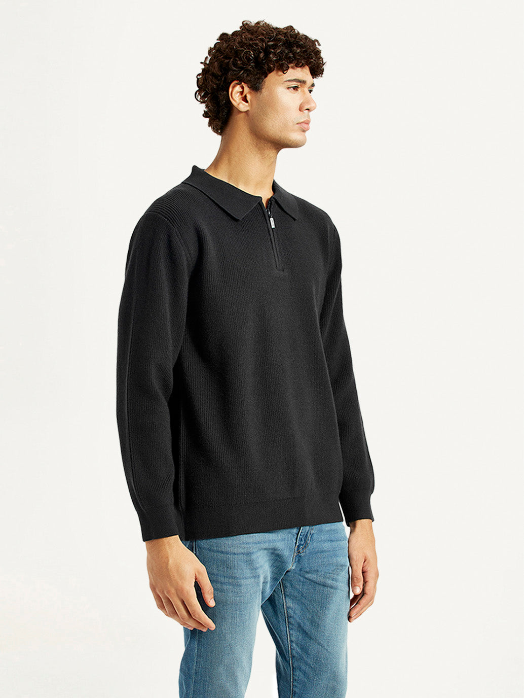 Men's Self Design Black Polo Neck Sweater - Side View