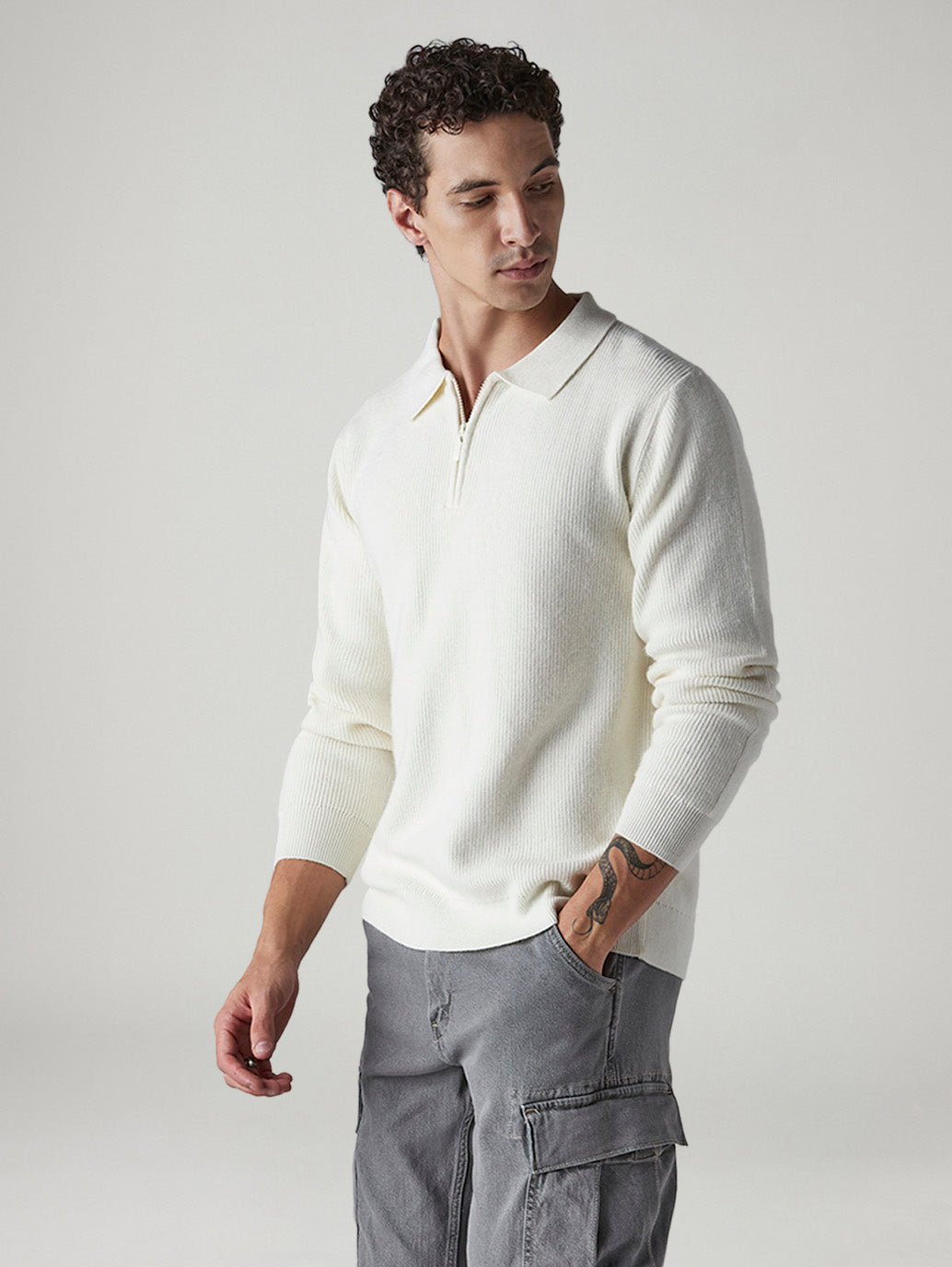 Men's Solid Regular Fit Zip Collar Sweater - Styleshot View