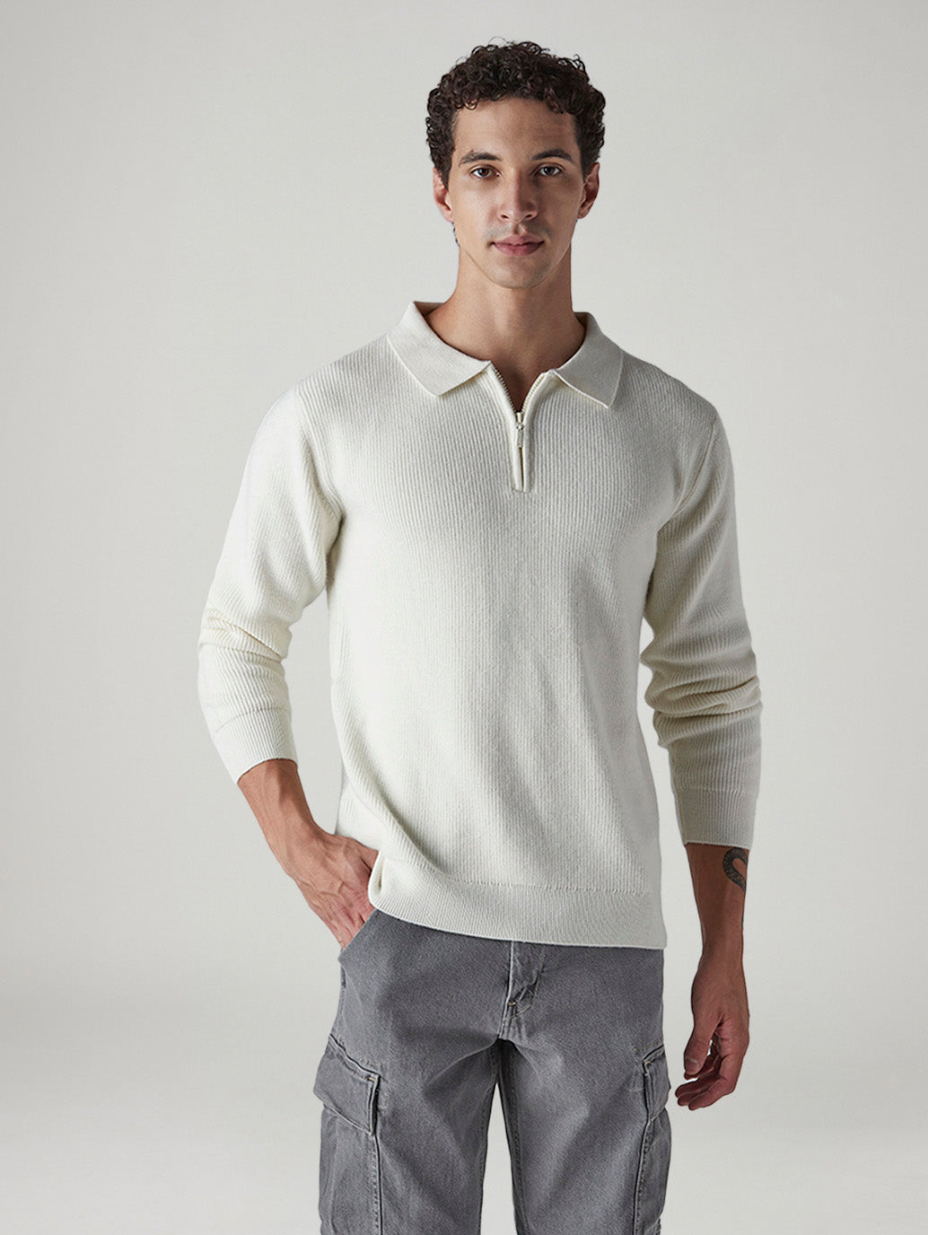 Men's Solid Regular Fit Zip Collar Sweater