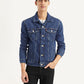 Men's Solid Blue Spread Collar Denim Jacket - Front View