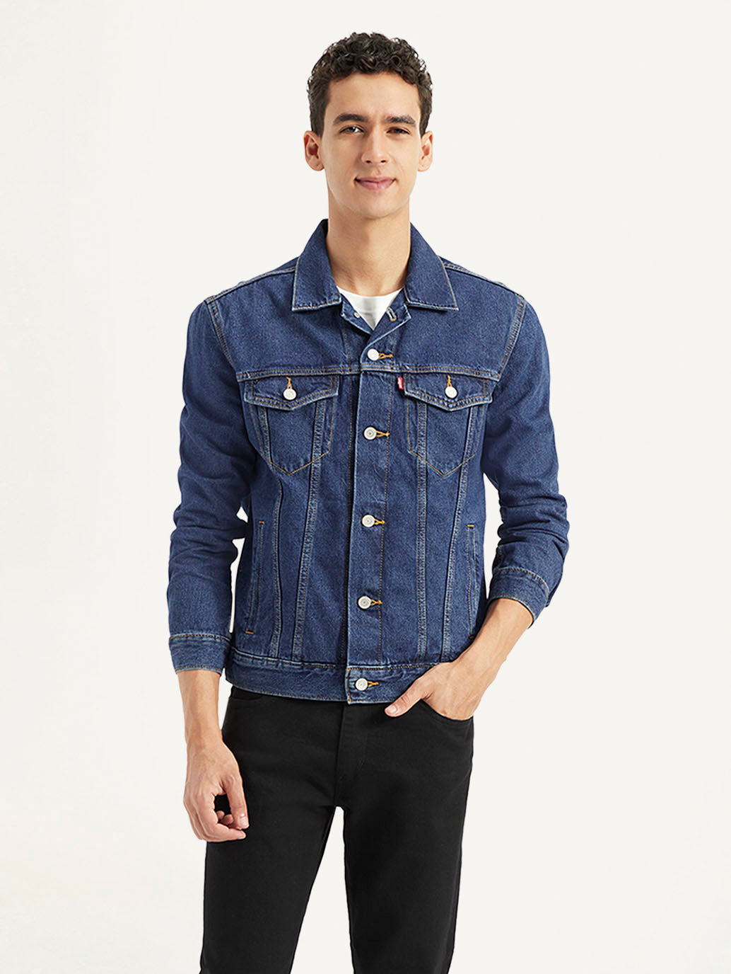 Men's Solid Blue Spread Collar Denim Jacket - Front View