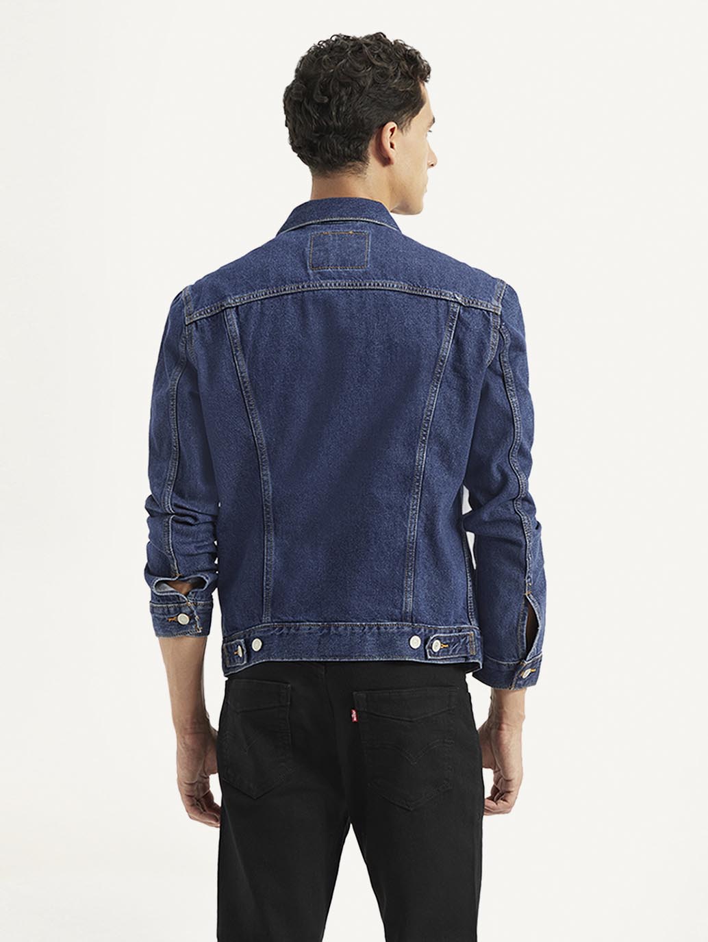Men's Solid Blue Spread Collar Denim Jacket - Back View