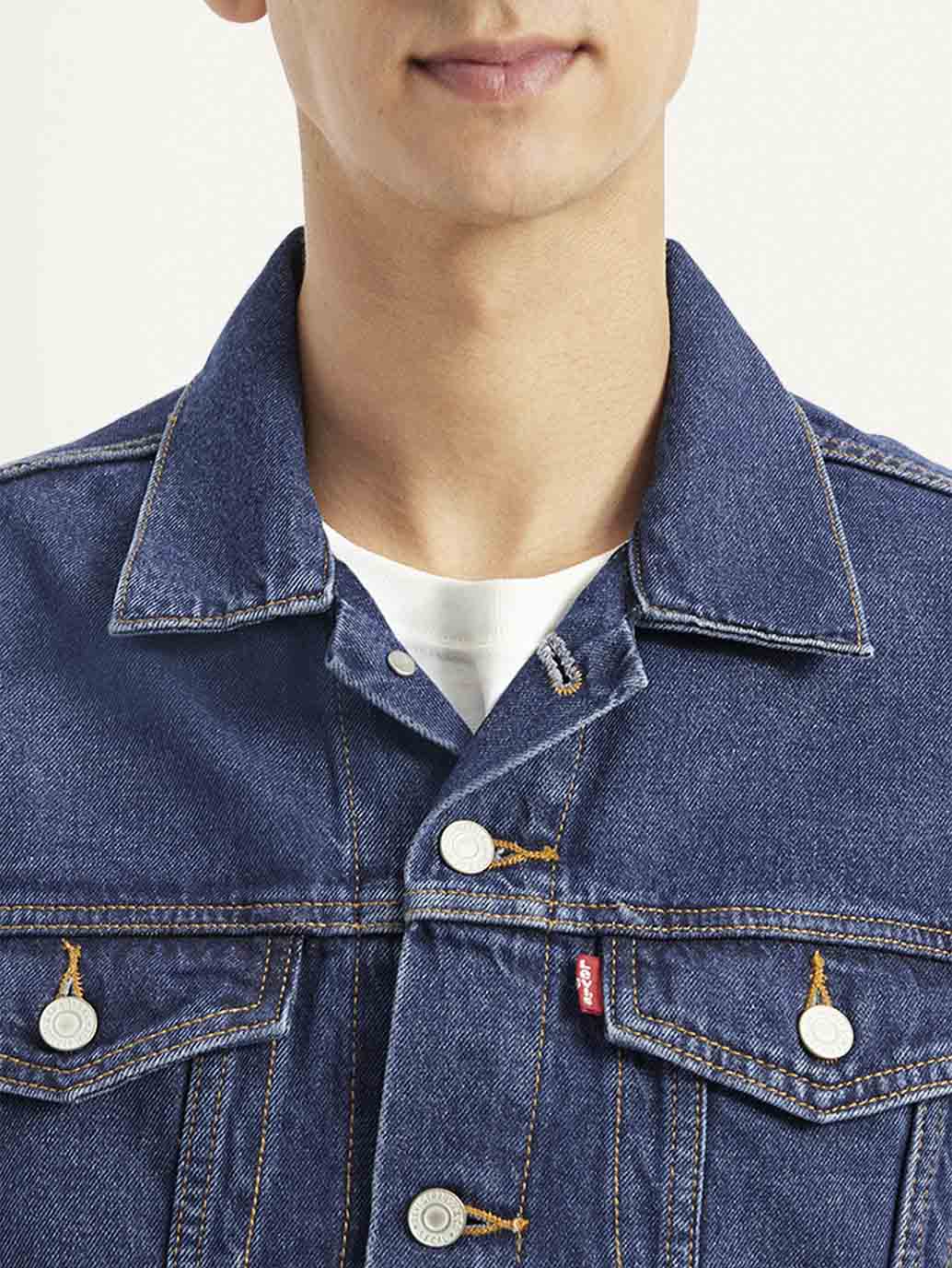 Men's Solid Blue Spread Collar Denim Jacket - Detail View