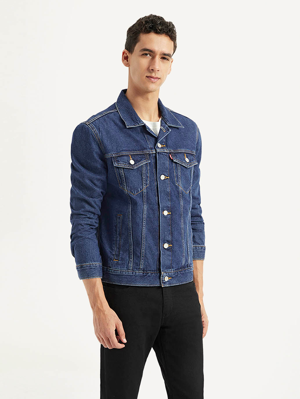 Men's Solid Blue Spread Collar Denim Jacket - Side View