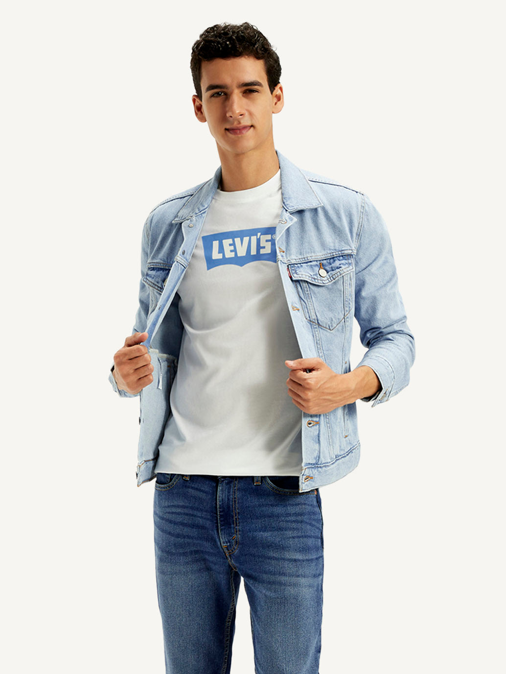 Men's Solid Blue Spread Collar Denim Jacket - Styleshot View