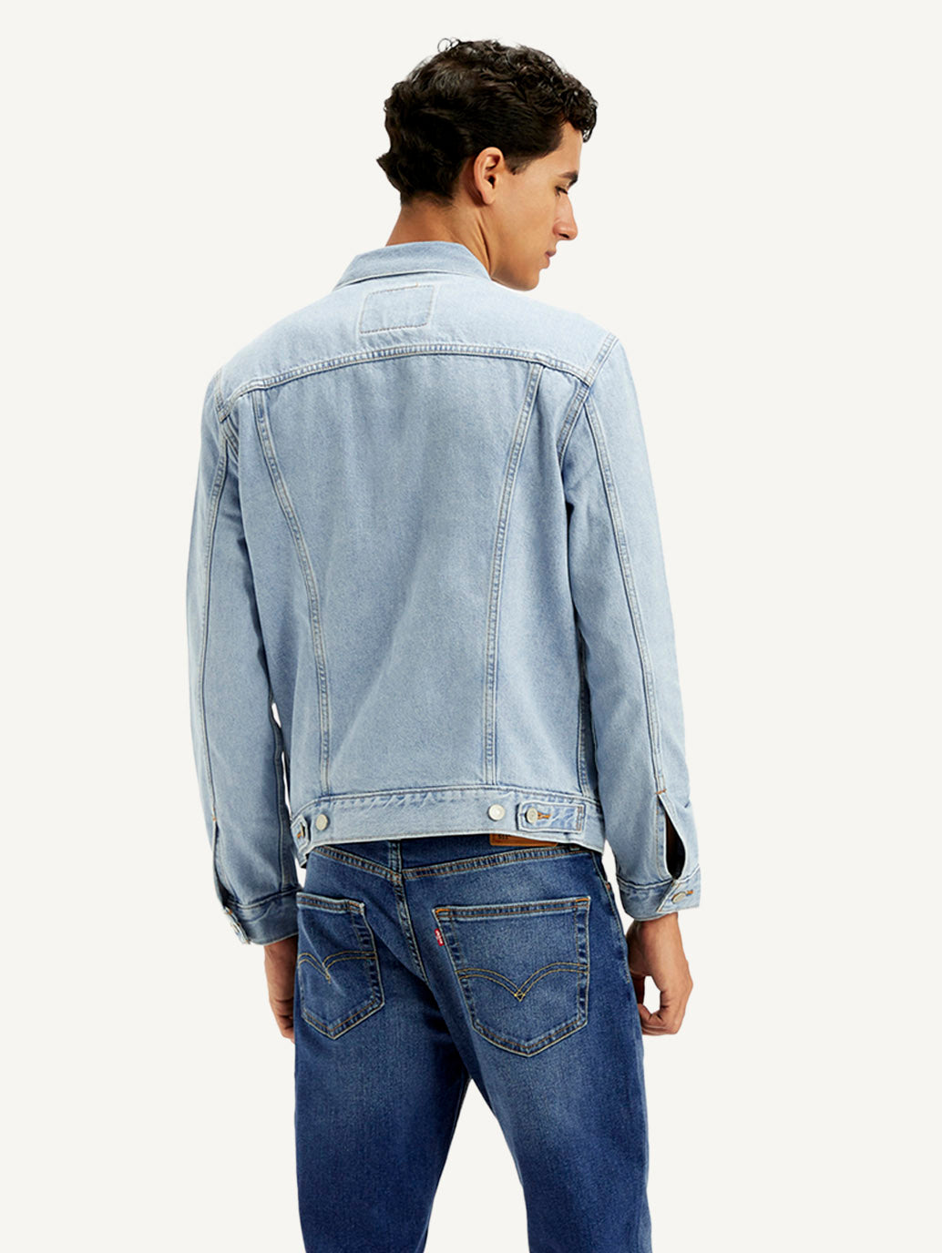 Men's Solid Blue Spread Collar Denim Jacket - Back View
