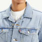 Men's Solid Blue Spread Collar Denim Jacket - Detail View