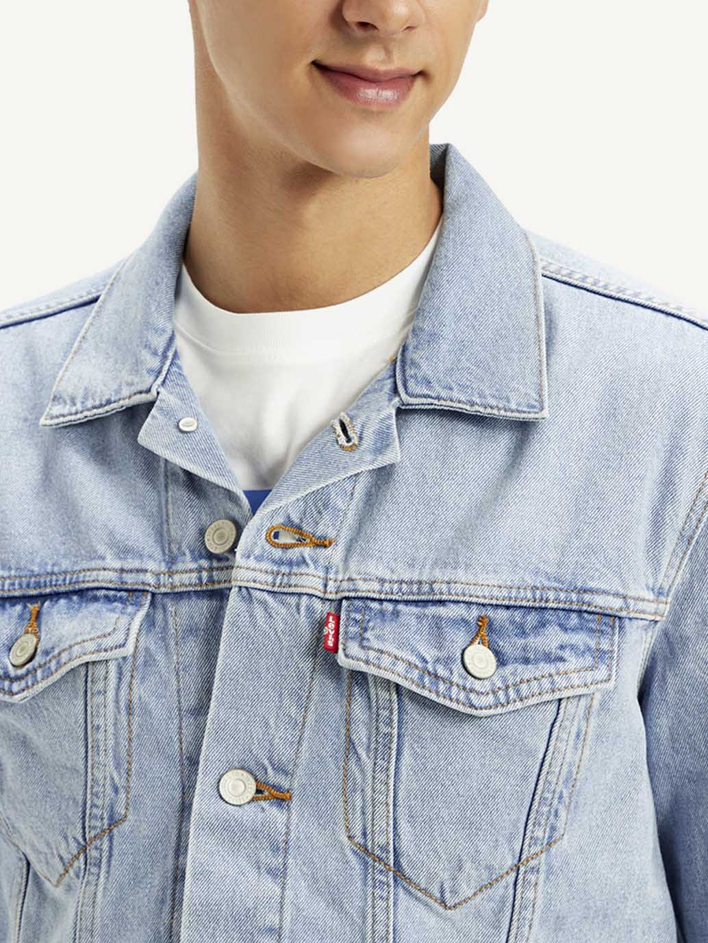 Men's Solid Blue Spread Collar Denim Jacket - Detail View