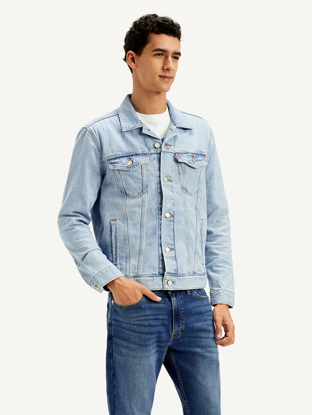 Men's Solid Blue Spread Collar Denim Jacket - Side View