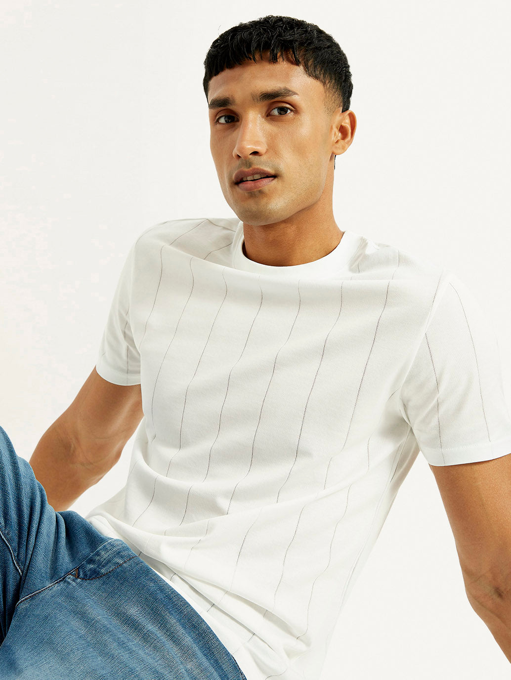 Men's Striped White Crew Neck T-shirt - Elevated View