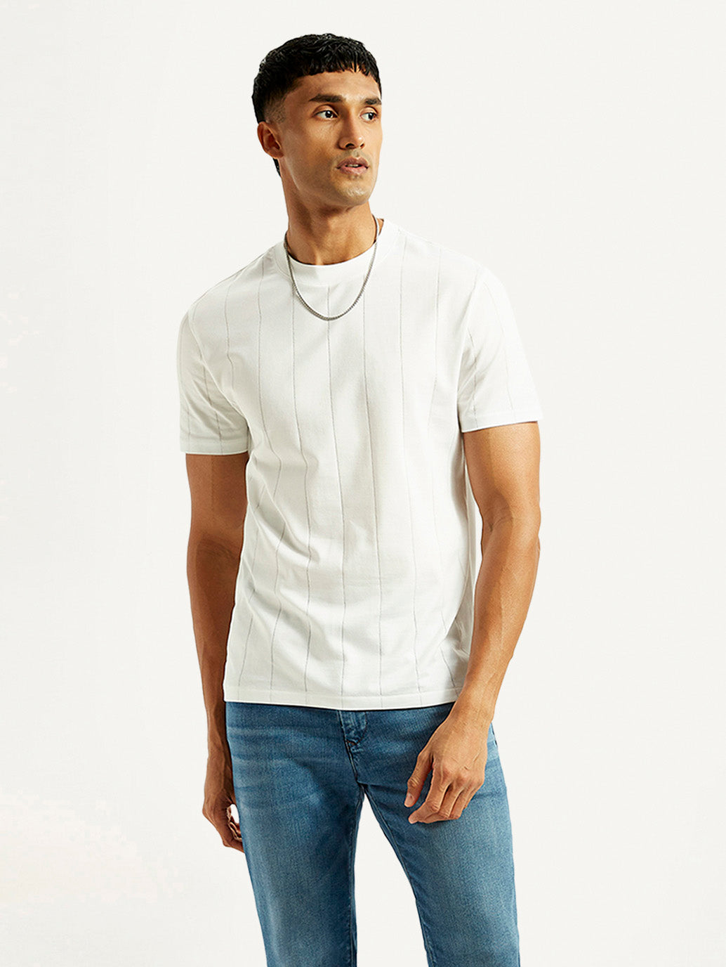 Men's Striped White Crew Neck T-shirt - Styleshot View