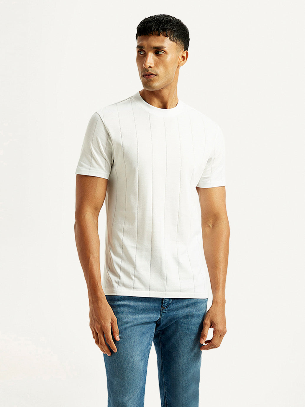 Men's Striped White Crew Neck T-shirt - Front View