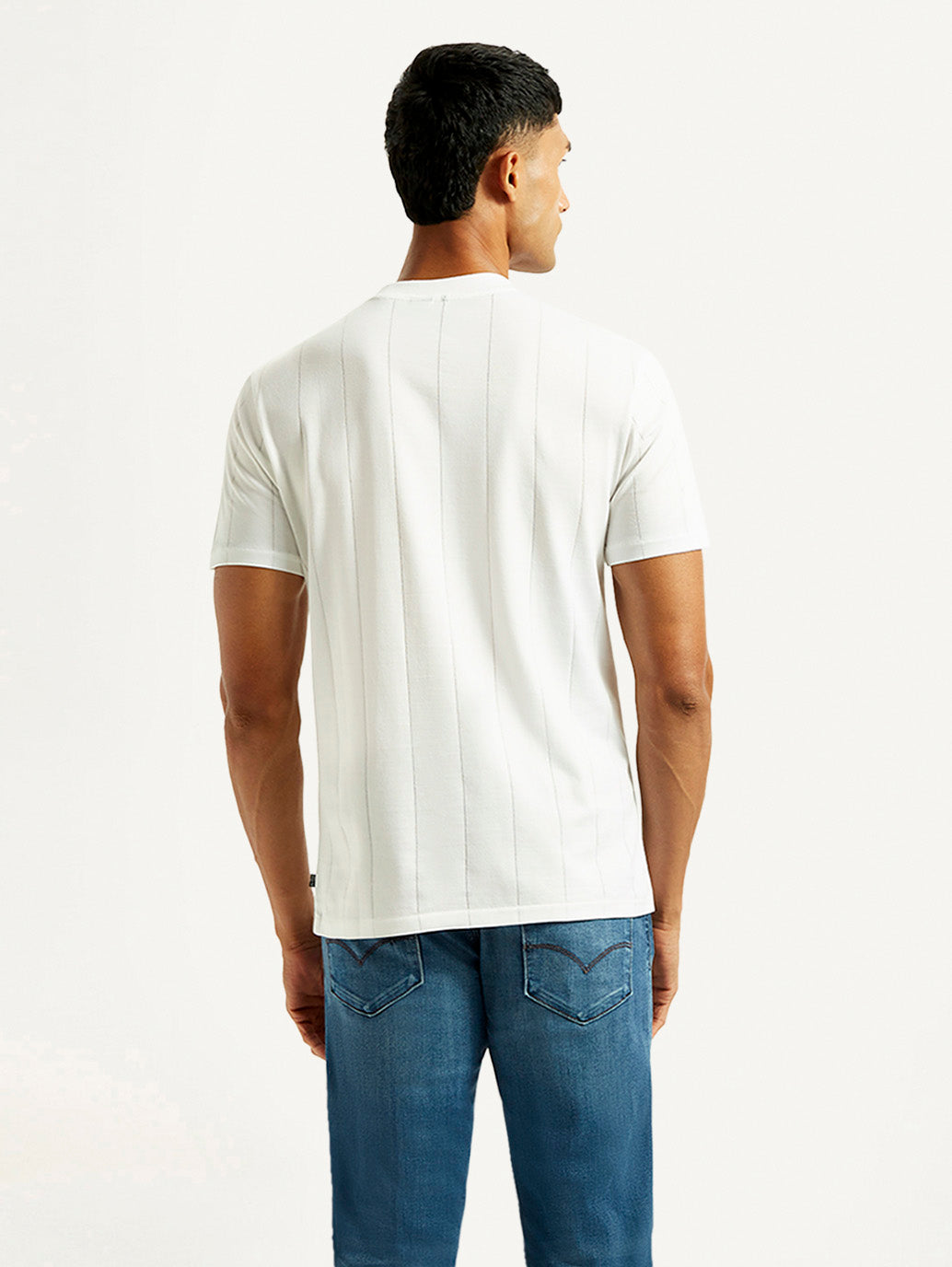 Men's Striped White Crew Neck T-shirt - Back View