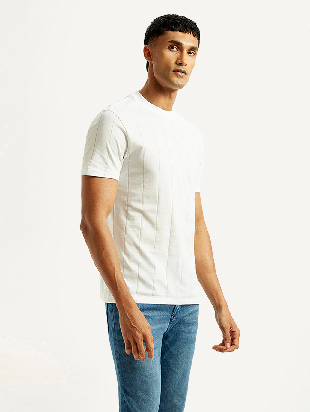 Men's Striped White Crew Neck T-shirt - Side View