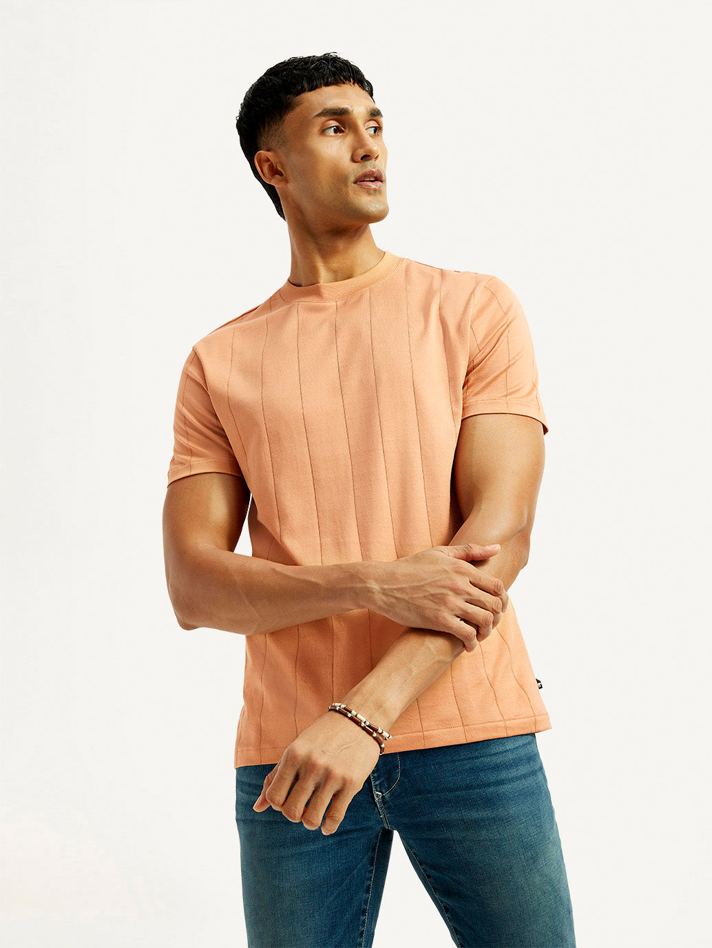 Men's Striped Peach Crew Neck T-shirt
