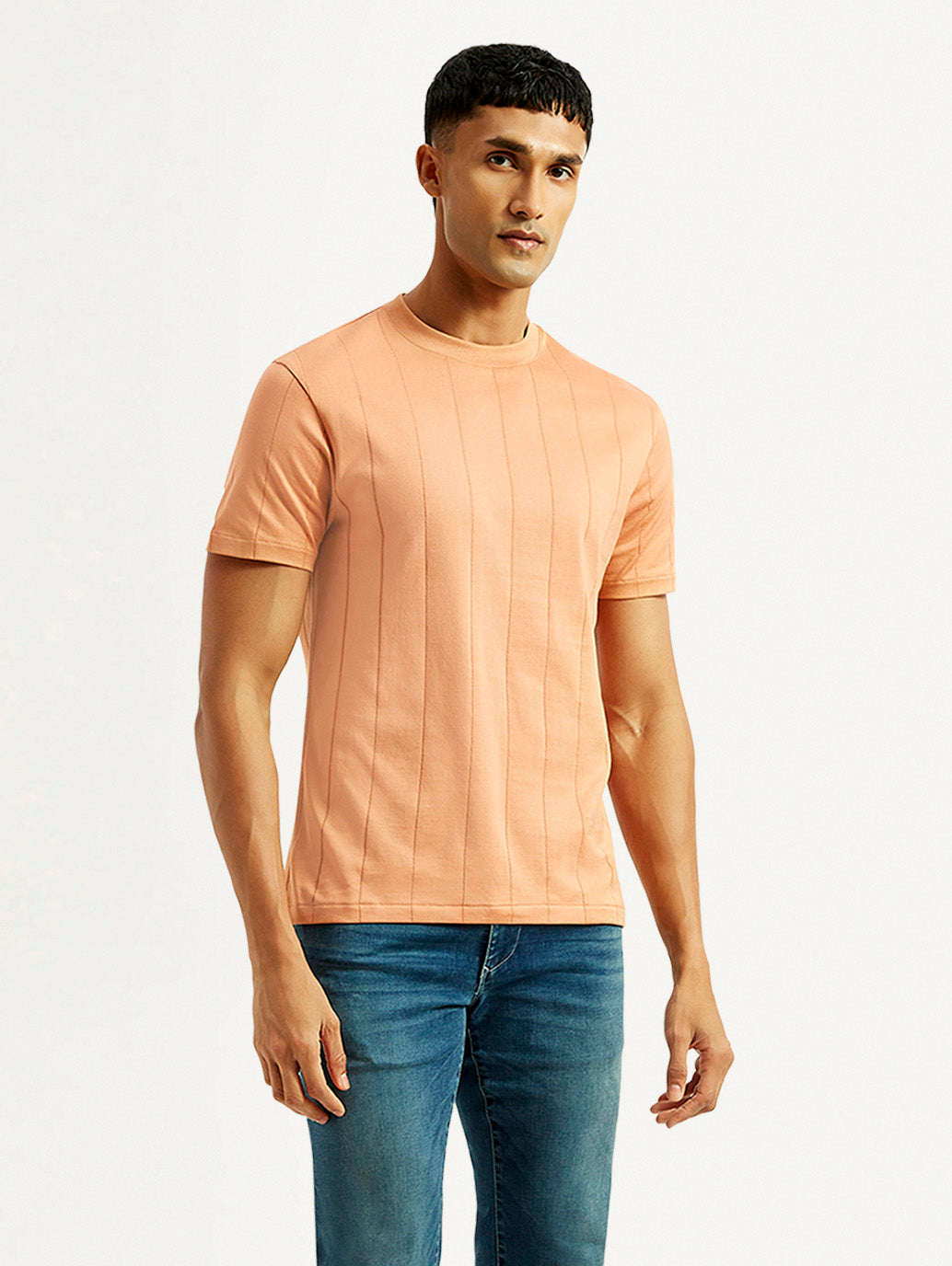 Men's Striped Peach Crew Neck T-shirt - Styleshot View