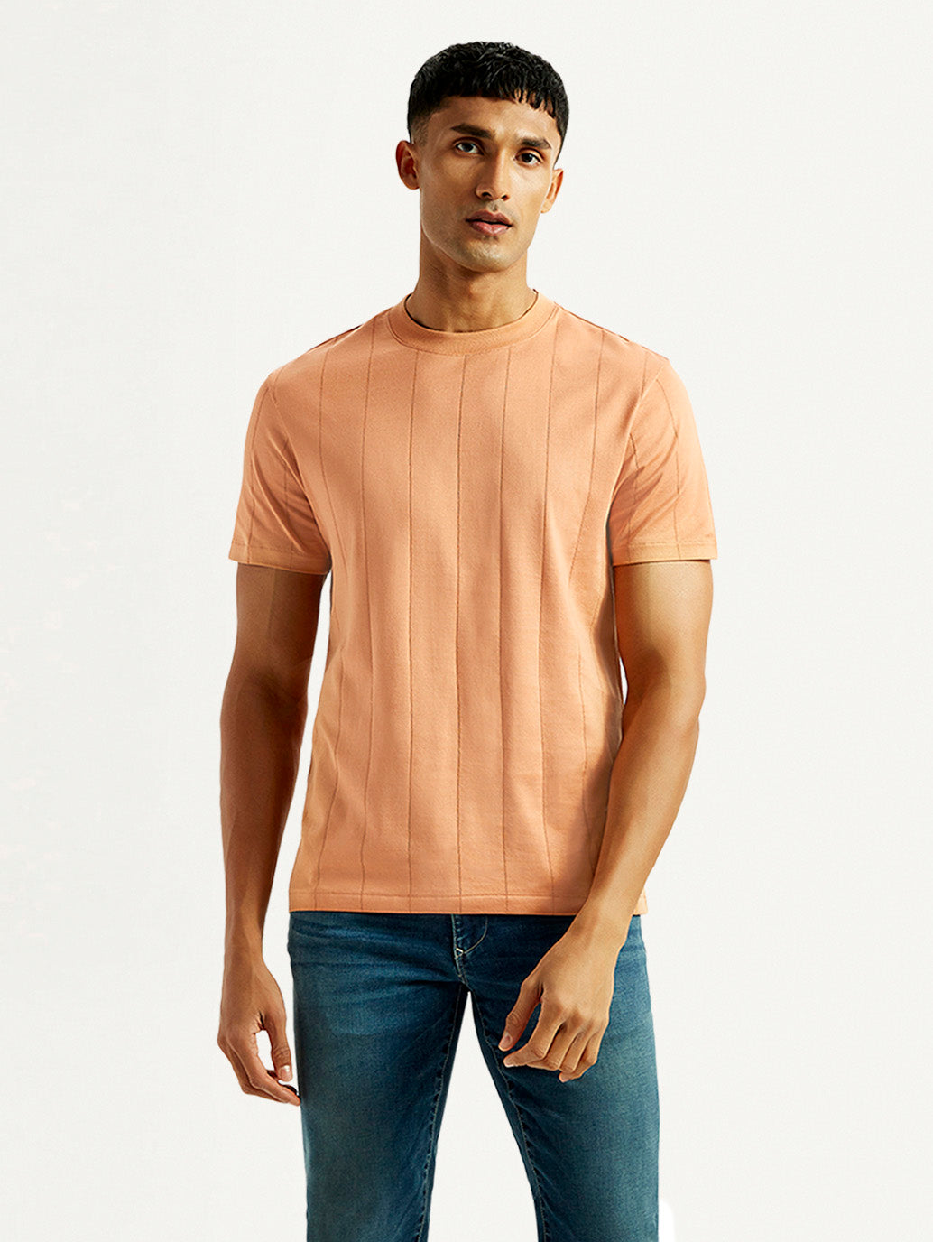 Men's Striped Peach Crew Neck T-shirt - Front View