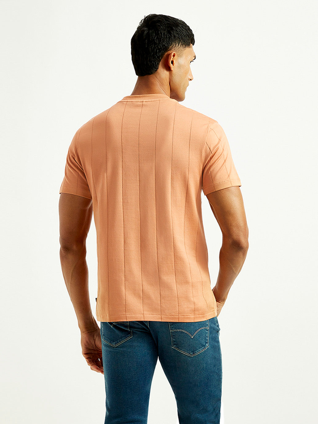 Men's Striped Peach Crew Neck T-shirt - Back View