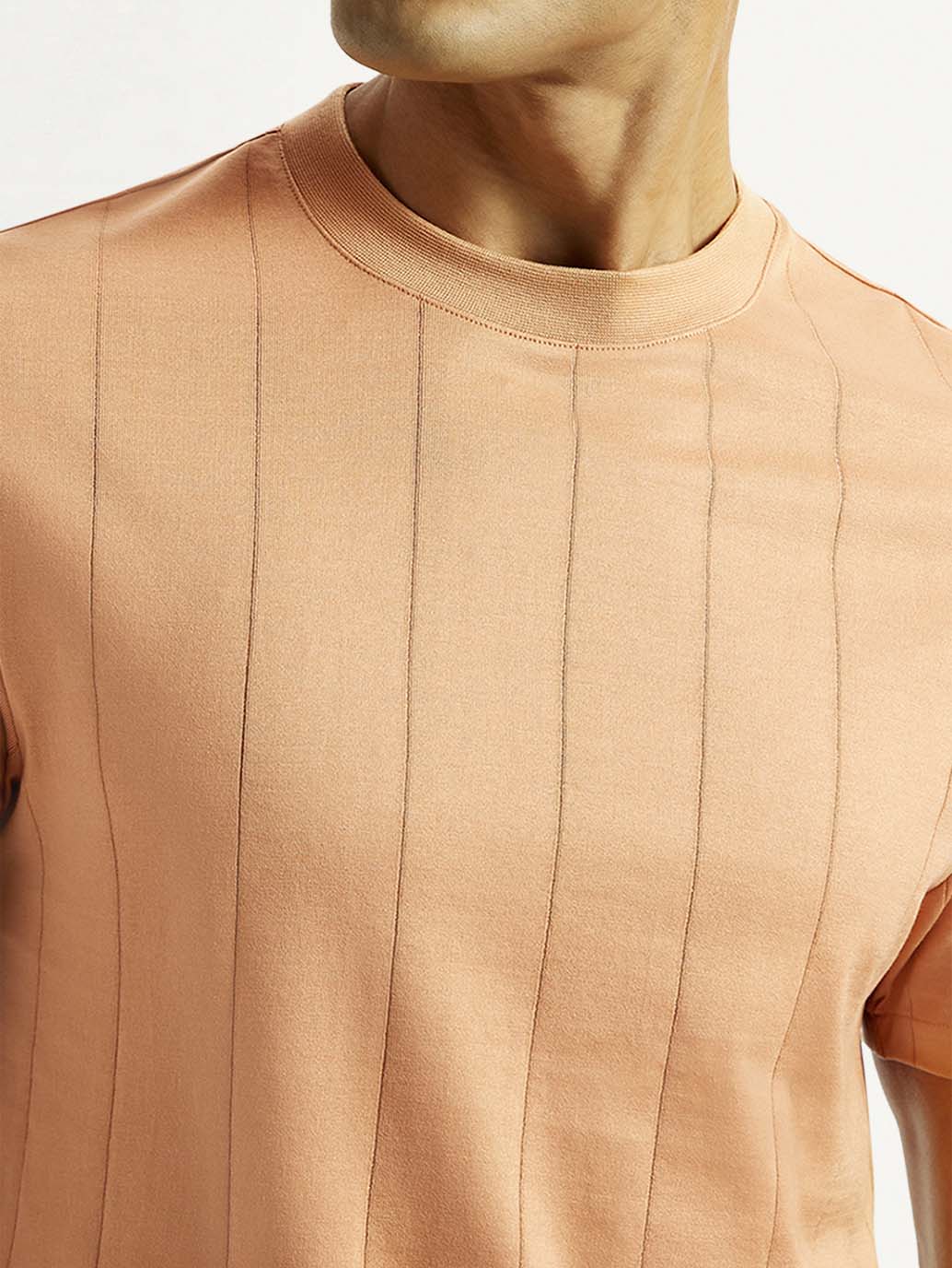 Men's Striped Peach Crew Neck T-shirt - Detail View