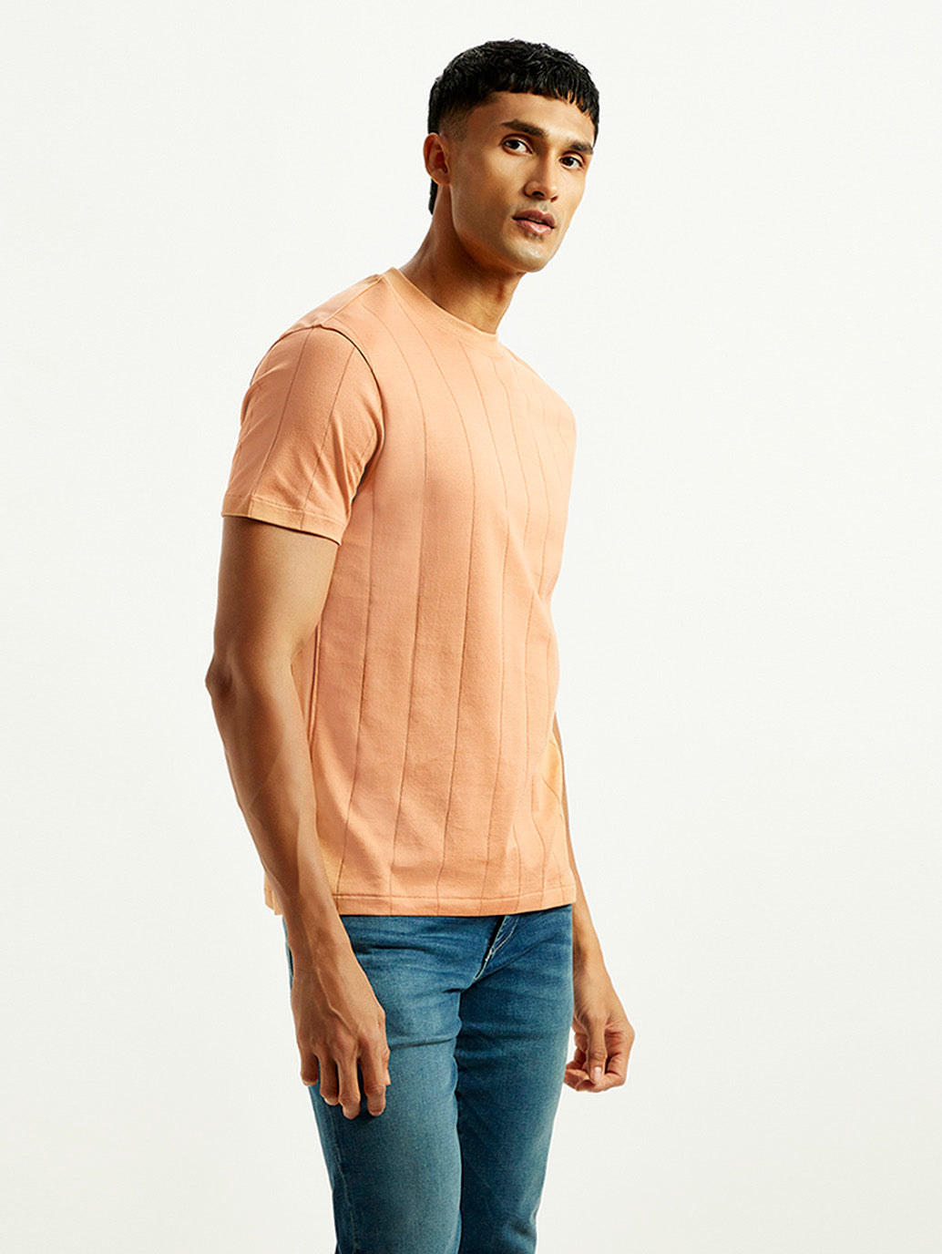 Men's Striped Peach Crew Neck T-shirt - Side View