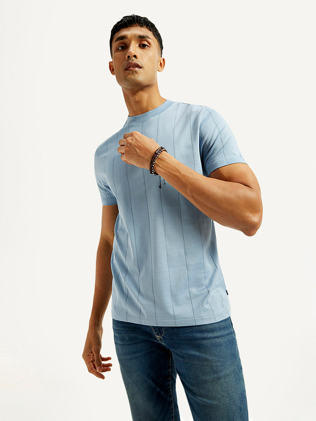 Men's Striped Light Blue Crew Neck T-shirt - Elevated View