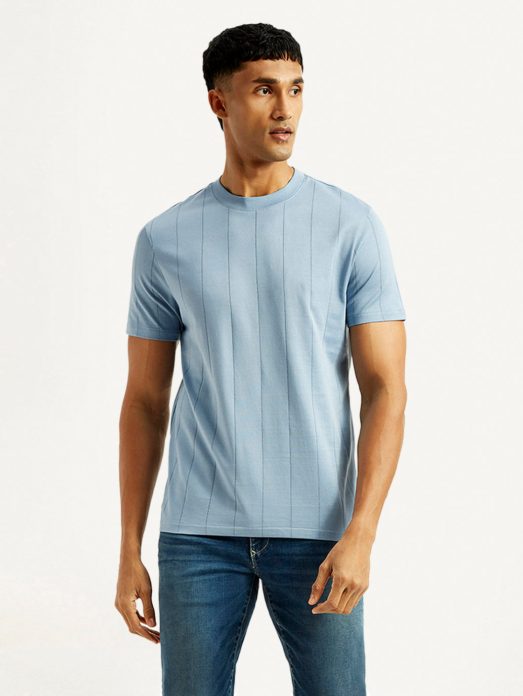 Men's Striped Light Blue Crew Neck T-shirt - Styleshot View