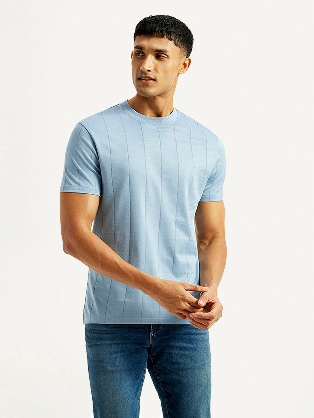 Men's Striped Light Blue Crew Neck T-shirt - Front View