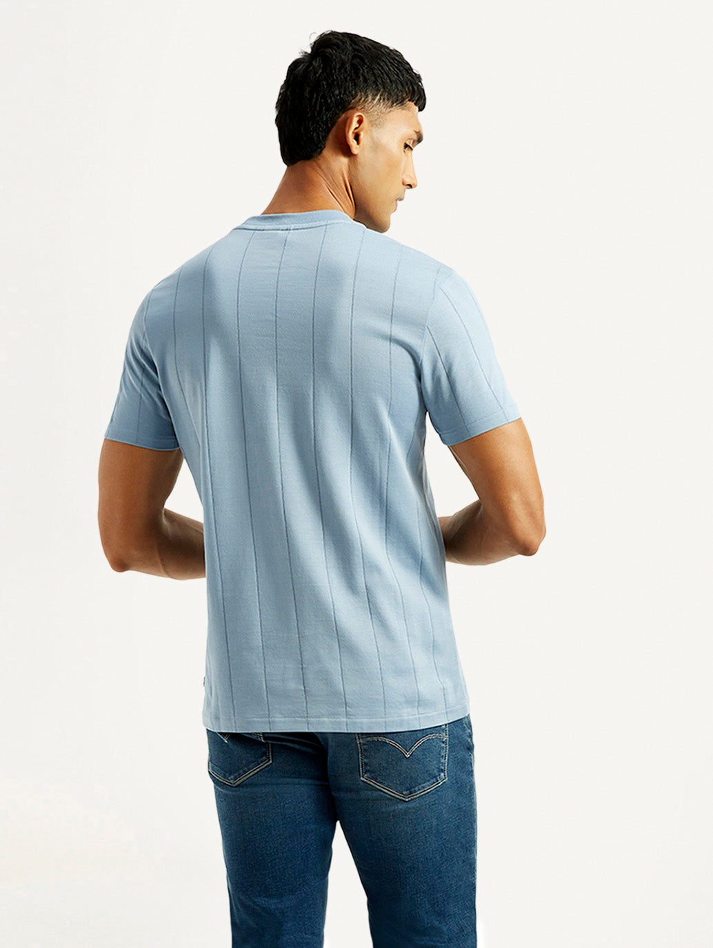Men's Striped Light Blue Crew Neck T-shirt - Back View