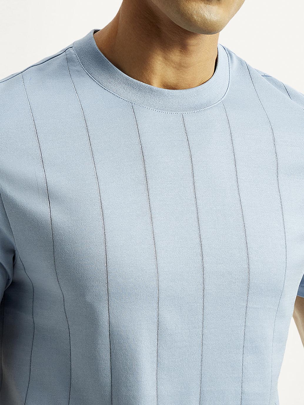 Men's Striped Light Blue Crew Neck T-shirt - Detail View