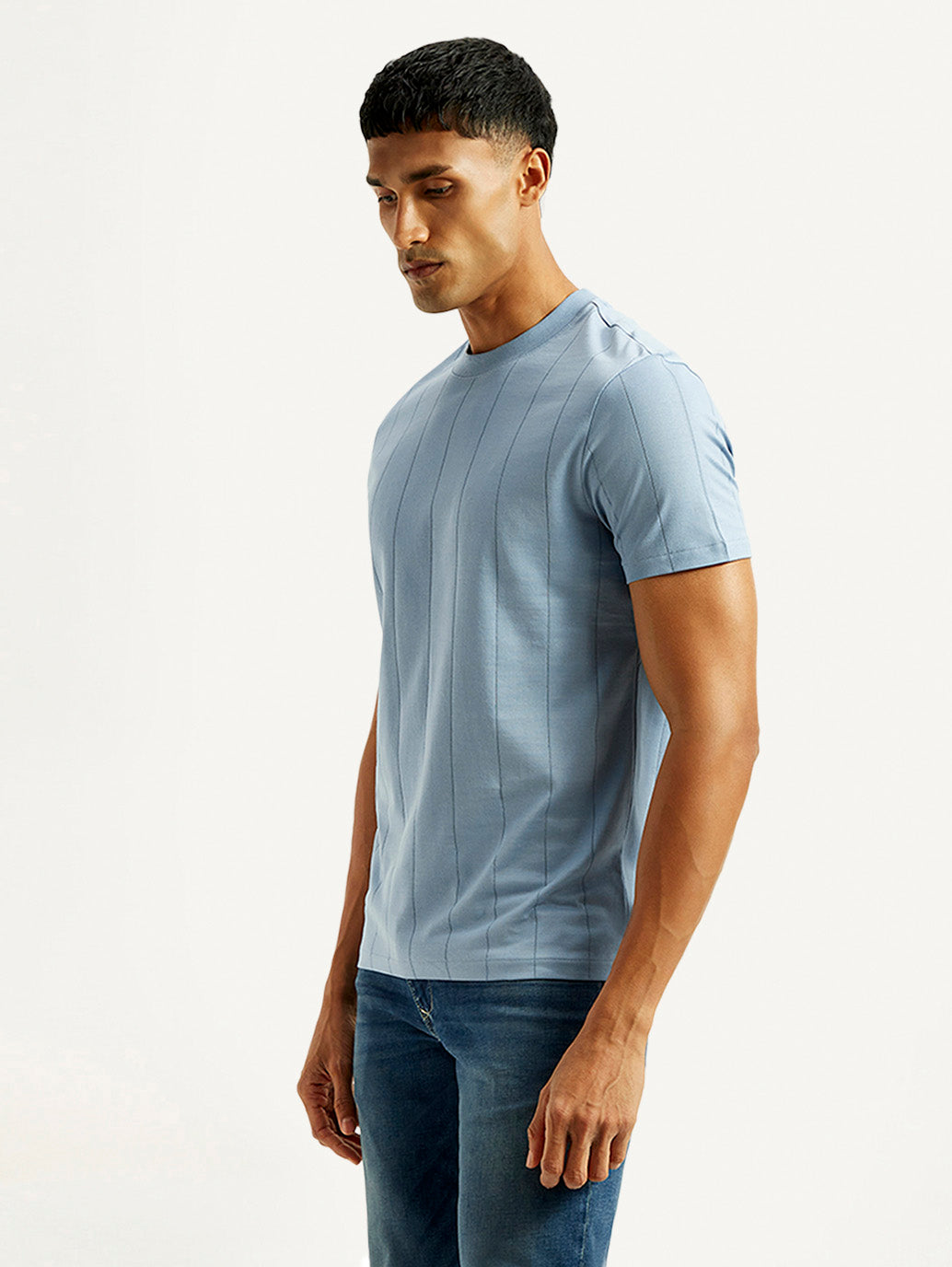 Men's Striped Light Blue Crew Neck T-shirt - Side View