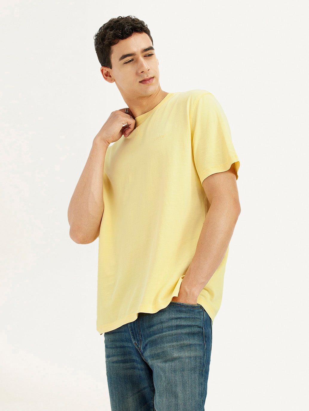 Men's Solid Overdyed Yellow Crew Neck T-shirt - Elevated View