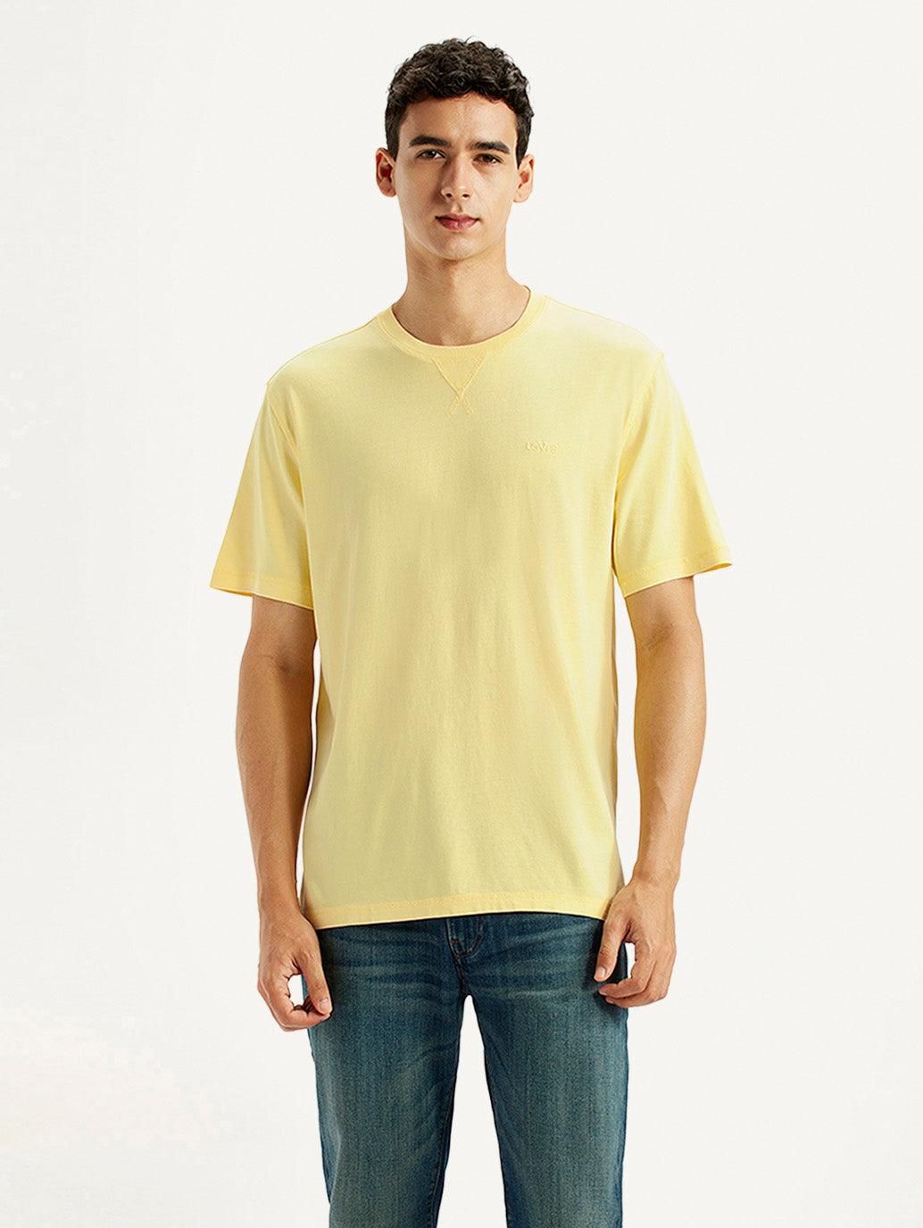 Men's Solid Overdyed Yellow Crew Neck T-shirt - Front View