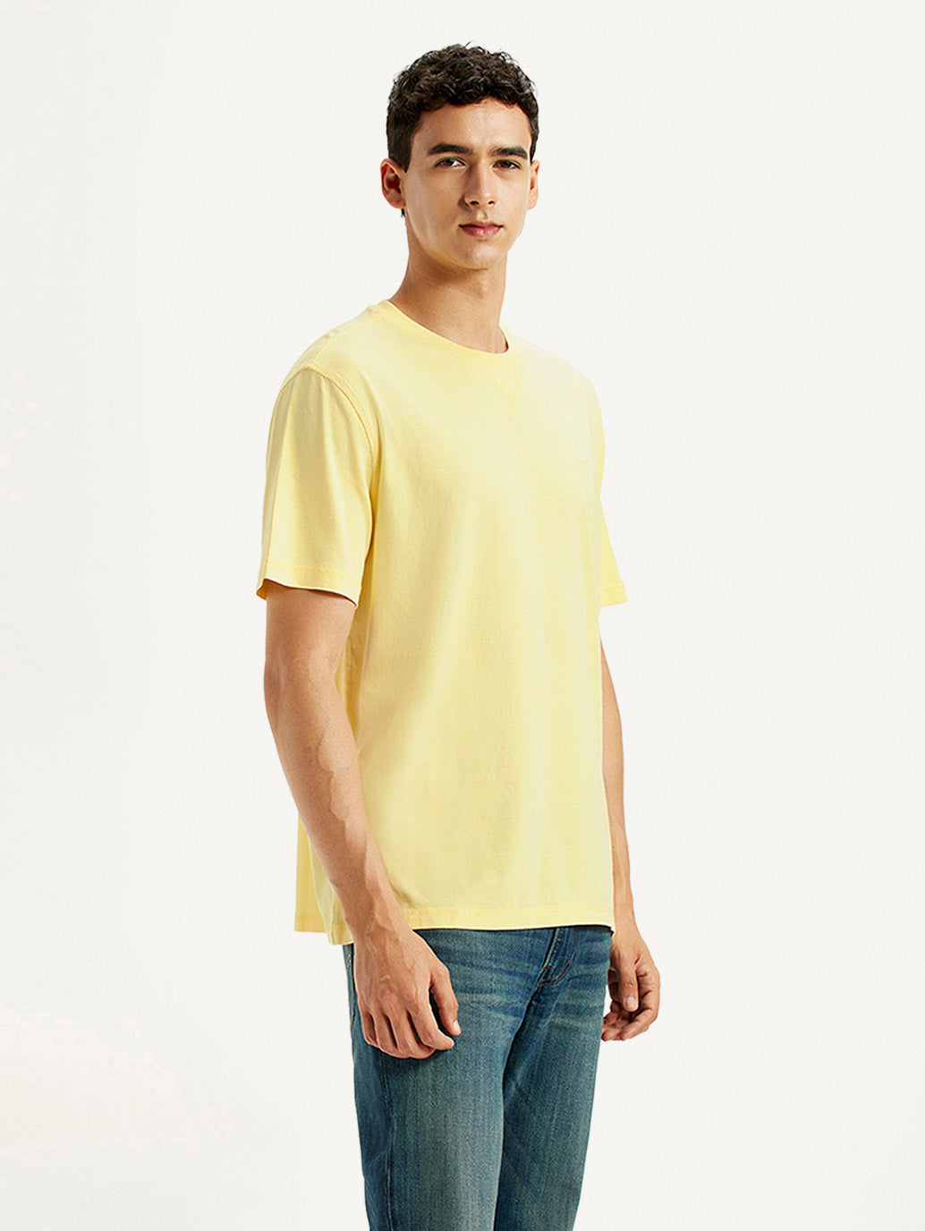 Men's Solid Overdyed Yellow Crew Neck T-shirt - Side View