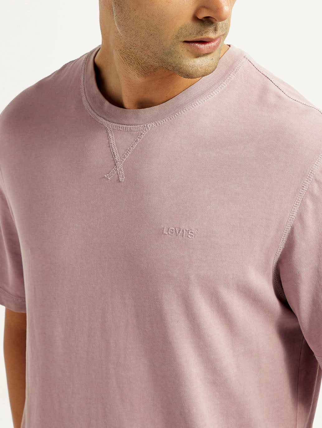 Men's Overdyed Solid Mauve Crew Neck T-shirt - Detail View